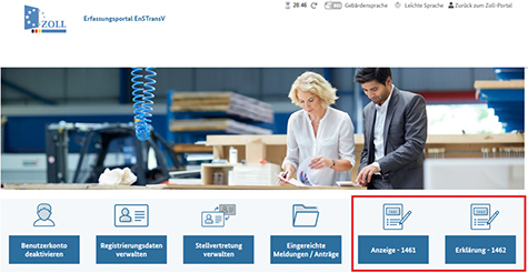 Abbildung 17: Screenshot der Startseite des Erfassungsportals mit Hervorhebung der Schaltflächen „Anzeige – 1461“ und „Erklärung – 1462“