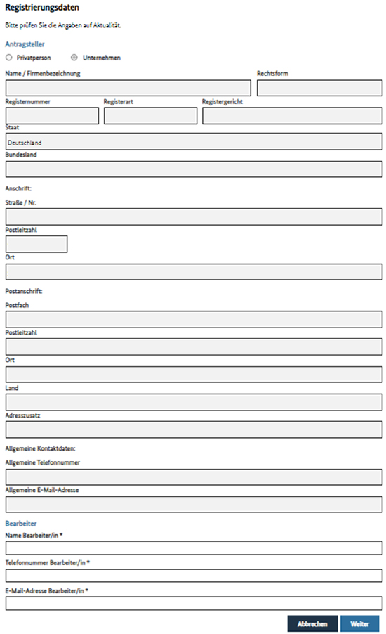 Abbildung 18: Screenshot der Maske „Registrierungsdaten“, in der die Daten zum „Bearbeiter“ vom Benutzer auszufüllen sind.