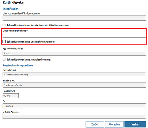 Abbildung 19: Abbildung der Zuständigkeiten innerhalb der Anzeige mit Hervorhebung des Feldes „Unternehmensnummer“, das zu befüllen ist.