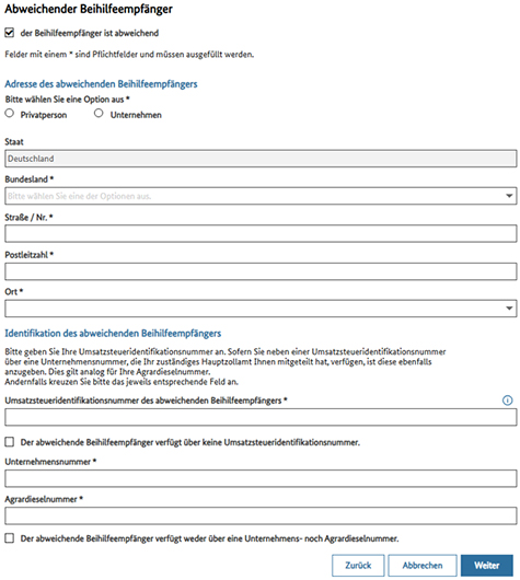 Abbildung 21: Abbildung der Felder zum abweichenden Beihilfeempfänger