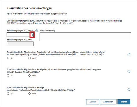 Abbildung 22: Abbildung der Klassifikation des Beihilfeempfängers; Hervorhebung des Symbols „Lupe“, hinter dem sich die Hilfestellung zur Auswahl der WZ2003-Schlüssel verbergen