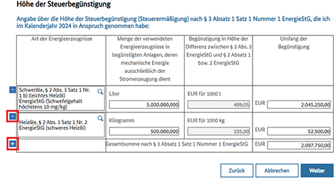 Abbildung 25: Es ist die Seite mit der Auswahl der Art der Energieerzeugnisse zu sehen. Am linken Bildrand befindet sich mit Rot hervorgehoben ein „Plus“, um ein weiteres Energieerzeugnis hinzuzufügen, sowie ein „Minus“, um ein bereits erfasstes Energieerzeugnis wieder zu löschen.