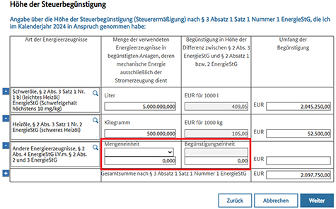 Abbildung 26: Hier wird ebenfalls die Seite zur Auswahl der Art der Energieerzeugnisse sowie der Menge der verwendeten Energieerzeugnisse abgebildet. Die Mengeneinheit wird hier jedoch nicht systemseitig gewählt, sondern ist vom Benutzer selber zu wählen, ebenso wie die Begünstigungseinheit.
