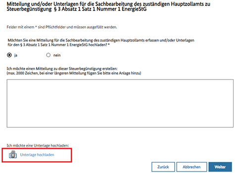 Abbildung 28: Hier ist die Seite zur Auswahl des Eintragens einer Mitteilung oder des Hochladens von Unterlagen mit expandiertem Freitextfeld und rot umrandeter Schaltfläche zur Auswahl von Unterlagen zu sehen.