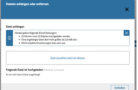 Abbildung 29: Hier wird der Upload-Dialog mit den geltenden Einschränkungen angezeigt.