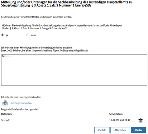 Abbildung 31: Hier wird die Seite zur Eingabe von Mitteilungen und dem Hochladen von Unterlagen mit einer hochgeladenen Datei angezeigt.