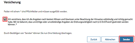 Abbildung 32: Abgebildet ist die Maske „Versicherung“. Hervorgehoben ist das gesetzte Häkchen, mit dem die Richtigkeit der gemachten Angaben bestätigt wird, sowie die Schaltfläche „Senden“.