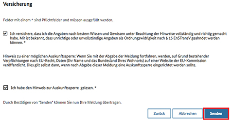 Abbildung 34: Die Seite zur Versicherung mit Auskunftssperre. Eine rote Umrandung ist um die Schaltfläche „Senden“.