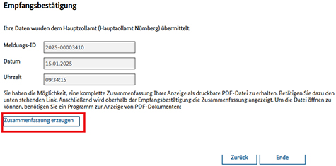 Abbildung 36: Es wird die Empfangsbestätigung der abgesandten Meldung gezeigt. Der Link, um die Zusammenfassung der Meldung zu erzeugen, ist rot umrandet.
