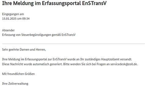 Abbildung 38: Text der Mitteilung im Zoll-Portal, dass die Meldung an das zuständige Hauptzollamt versandt wurde.