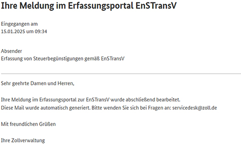 Abbildung 39: Text der Mitteilung im Zoll-Portal, dass die Meldung im Erfassungsportal der EnSTransV abschließend bearbeitet wurde.
