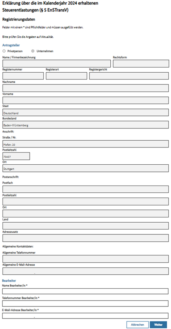 Abbildung 40: Die innerhalb einer Erklärung gespeicherten Registrierungsdaten sind zu sehen. Diese sind mit Ausnahme der Daten für den Bearbeiter nicht editierbar.