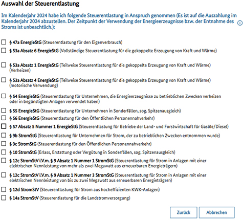 Abbildung 44: Hier sind die bei einer Erklärung zur Auswahl stehenden Entlastungstatbestände abgebildet.