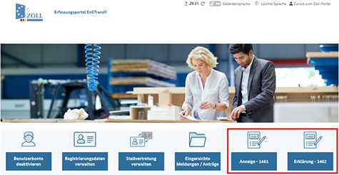 Abbildung 46: Zu sehen ist die Startseite des Erfassungsportals EnSTransV nach Anmeldung und mit einer roten Umrandung der Schaltflächen „Anzeige 1461“ und „Erklärung 1462“.