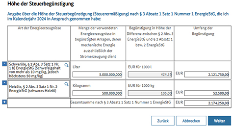 Abbildung 47: Die Seite zum Erfassen der Höhe der Steuerbegünstigung ist zu sehen.