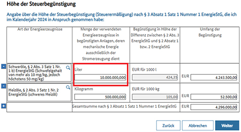 Abbildung 48: Die Seite zum Erfassen der Höhe der Steuerbegünstigung ist zu sehen. Das Feld zum Erfassen der Menge der verwendeten Energieerzeugnisse ist rot umrandet. Hier steht ein anderer Wert als noch in der Abbildung zuvor.