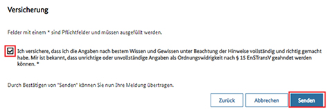 Abbildung 49: Die Seite zur Versicherung wird gezeigt mitsamt der zugehörigen rot umrandeten Checkbox.