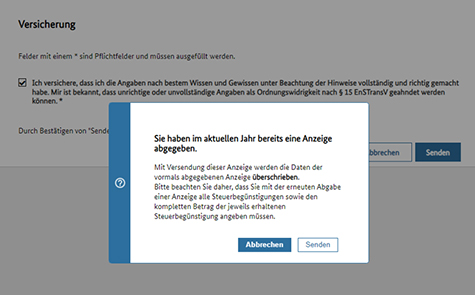 Abbildung 51: Es ist ein Hinweis zu sehen, dass im aktuellen Jahr bereits eine Anzeige abgegeben wurde. Beim Absenden dieser Anzeige wird die vorhergehende überschrieben.