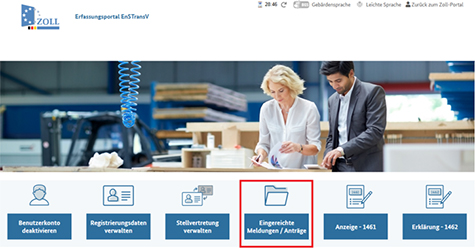 Abbildung 52: Abbildung der Startseite im Erfassungsportal der EnSTransV mit Hervorhebung der Auswahlmöglichkeit „Eingereichte Meldungen/​Anträge“