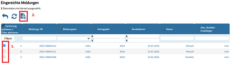 Abbildung 53: Es ist die Auflistung der bisher abgegebenen Meldungen zu sehen. Das Symbol zur Nutzung als Vorlage ist farblich hervorgehoben sowie die Schaltflächen vor den Meldungen, mit denen die Meldungen in Bearbeitung genommen werden können.