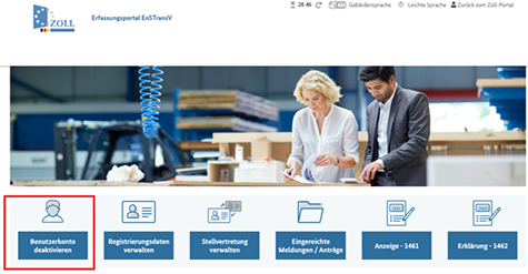 Abbildung 54: Es ist die Startseite des Erfassungsportals EnSTransV zu sehen. Die Schaltfläche „Benutzerkonto deaktivieren“ ist rot umrandet.
