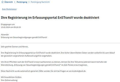 Abbildung 57: Wortlaut der Mitteilung aus dem Zoll-Portal, dass die Registrierung deaktiviert wurde.