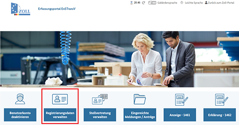 Abbildung 61: Startseite des Erfassungsportals EnSTransV mit Hervorhebung der Auswahl „Registrierungsdaten verwalten“
