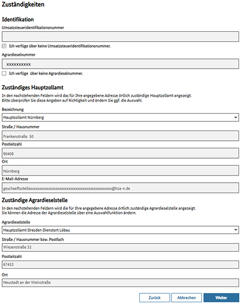 Abbildung 62: Screenshot der Maske mit der Umsatzsteueridentifikationsnummer, der Agrardieselnummer und dem zuständigen Hauptzollamt.