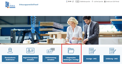 Abbildung 65: Es ist die Startseite des Erfassungsportals zur EnSTransV zu sehen. Die Schaltfläche „Eingereichte Meldungen/​Anträge“ ist rot umrandet.