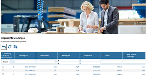 Abbildung 66: Es ist die Seite „Eingereichte Meldungen“ mit einer tabellarischen Übersicht über die bisher abgegebenen Meldungen zu sehen.