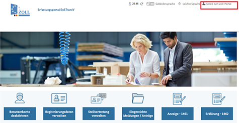 Abbildung 68: Es ist die Startseite des Erfassungsportals zur EnSTransV zu sehen. Der Link „Zurück zum Zoll-Portal“ wird rot umrandet angezeigt.