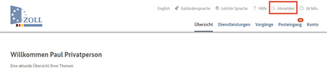 Abbildung 69: Es ist das Zoll-Portal zu sehen. Die Schalfläche zur Abmeldung wird rot umrandet angezeigt.