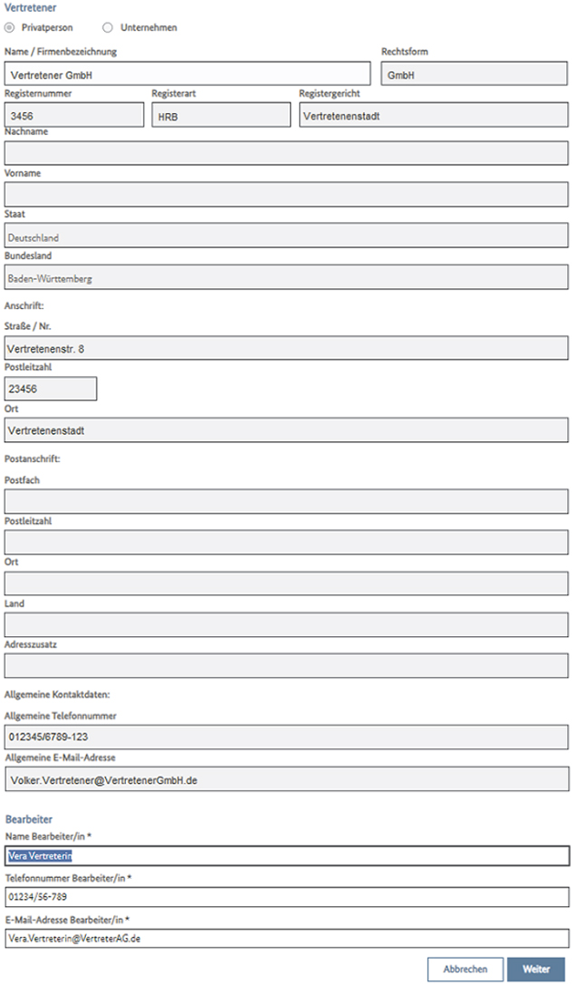 Abbildung 71: Hier sind die Registrierungsdaten des Vertretenen zu sehen.