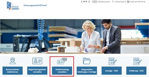 Abbildung 72: Startseite des Erfassungsportals zur EnSTransV. Die Schaltfläche „Stellvertretung verwalten“ ist rot umrandet.