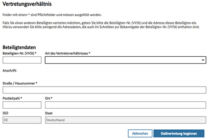 Abbildung 73: In dieser Maske sind die Beteiligtendaten von der zu vertretenen Person einzutragen.