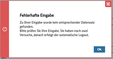 Abbildung 75: Eine Fehlermeldung ist zu sehen, welche erscheint, wenn die Beteiligtendaten nicht korrekt sind.