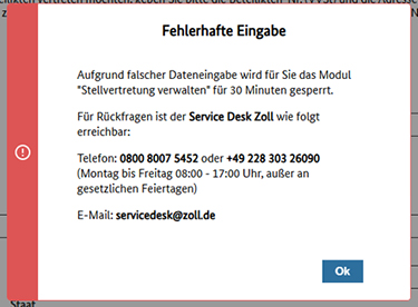 Abbildung 76: Eine Fehlermeldung ist zu sehen, welche angezeigt wird, wenn die Beteiligtendaten drei Mal falsch eingegeben wurden.