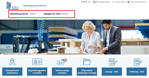 Abbildung 79: Abbildung der Startseite mit oben links eingerahmter Anzeige „Stellvertretung aktiv für:“ und „Beteiligten-Nr. (VVSt)“