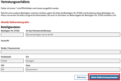 Abbildung 80: Abbildung der Maske „Vertretungsverhältnis“ mit den Daten zur aktuell aktiven Vertretung. Im unteren Bild ist eine eingerahmte Schaltfläche: „Aktive Stellvertretung beenden“.