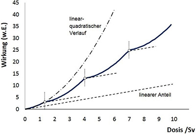 Abbildung 2.1: Dosisleistungs-Effekt: Unter Zugrundelegung einer linear-quadratischen Dosis-Wirkungsbeziehung (Gl. 2.1 und Gl. 2.2, hier mit alpha/beta = 1 Sv) ergibt sich bei Fraktionierung, d. h. bei Exposition mit mehreren Einzeldosen, eine kleinere Wirkung (durchgezogene Linie) als die Wirkung durch eine einmalige Exposition mit gleicher Dosis (punkt-gestrichelte Linie). Im Grenzübergang zu sehr vielen Fraktionen folgt die Wirkung dem linearen Anteil (gestrichelte Linie) des linear-quadratischen Verlaufs.