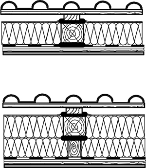 Abbildungen Steildach mit Dacheindeckung, Dachlattung, Unterspannbahn bei Variante 1: Zwischensparrendämmung, bei Variante 2: Aufdopplung des Sparrens bei zu geringem Hohlraum