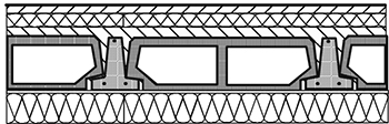 Abbildung Kellerdecke Beispiel zwei mit Bodenbelag, Asphalt-Estrich, Mineralfasermatte, Rippendecke mit Füllkörpern aus Bimsbeton, Aufbeton, Putzschicht und zusätzlichem Dämmstoff