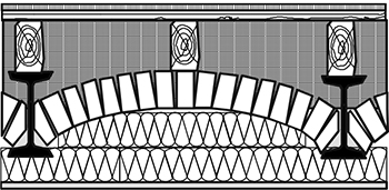 Abbildung Kellerdecke Beispiel drei mit Hobeldielen, Kohleschlackefüllung, gemauertem Kappengewölbe, Stahlträger und zusätzlichem Dämmstoff