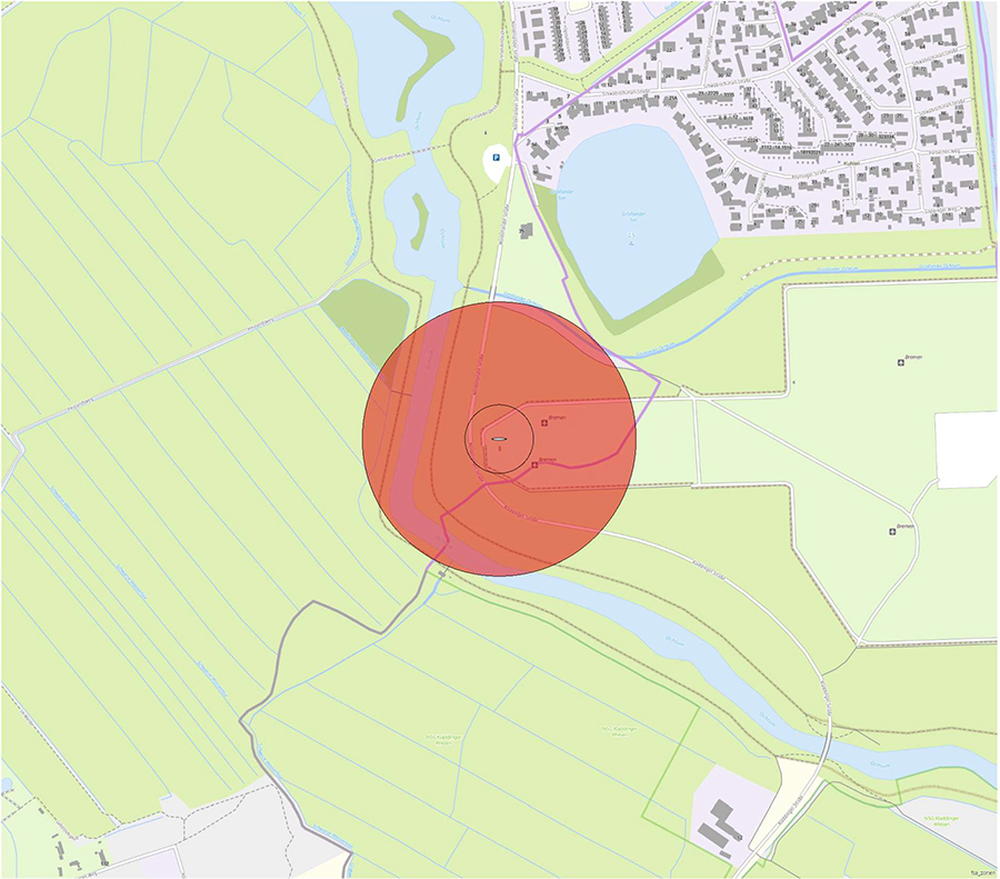 Kartendarstellung der Lage der Flugsicherungseinrichtung und des Anlagenschutzbereichs