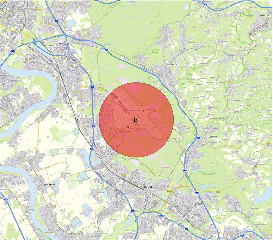 Kartendarstellung der Lage der Flugsicherungseinrichtung und des Anlagenschutzbereichs
