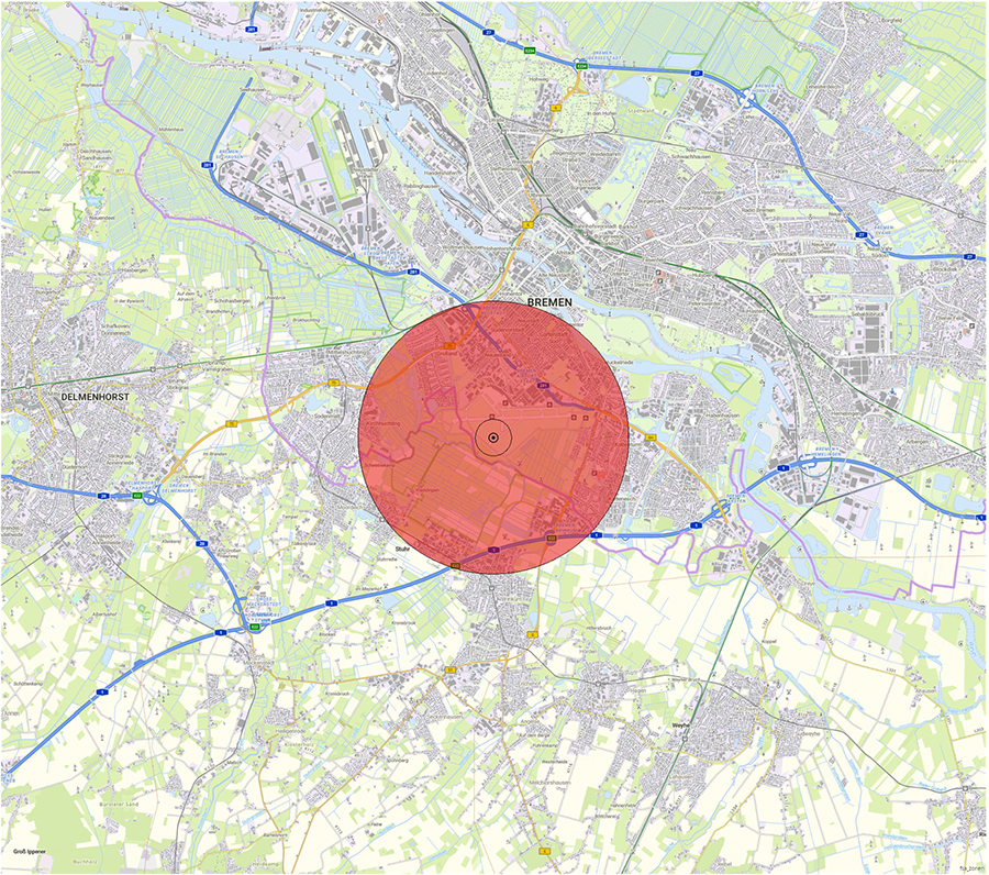 Kartendarstellung der Lage der Flugsicherungseinrichtung und des Anlagenschutzbereichs