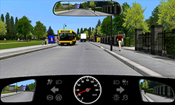 Sie fahren innerorts mit 25 km/h. Auf der Gegenfahrbahn steht ein Bus mit eingeschaltetem Warnblinklicht an einer Haltestelle.