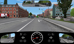 Sie fahren innerorts mit 30 km/h auf dem rechten von zwei Fahrstreifen für Ihre Richtung und befinden sich kurz vor einer ampelgeregelten Kreuzung, die für Ihre Richtung „Grün“ zeigt.