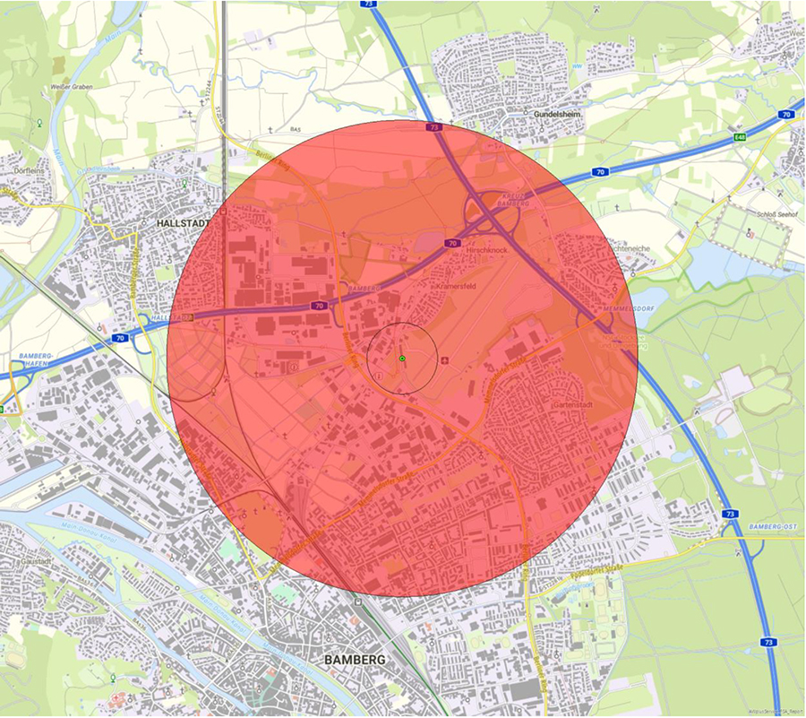 Kartendarstellung der Lage der Flugsicherungseinrichtung und des Anlagenschutzbereichs