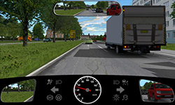 Sie fahren innerorts mit 50 km/​h und befahren den linken von zwei Fahrstreifen für Ihre Richtung. Auf dem rechten Fahrstreifen befindet sich etwas vor Ihnen ein Lkw, der links blinkt.